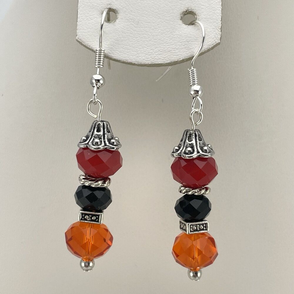 Artisan Handmade Red Black Orange Glass Beaded Earrings Dangle Silver Halloween